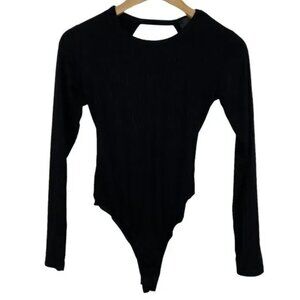 OLIA WOMEN'S BLACK RIBBED OPEN BACK ONE-PIECE BODYSUIT TOP‎ LARGE-EUC